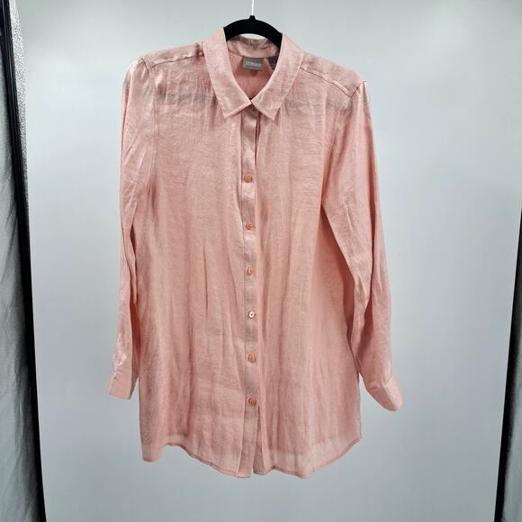 Chico's Shirt Top 1 M Shimmery Metallic Long Sleeve Button Down Casual Pink - Picture 1 of 10